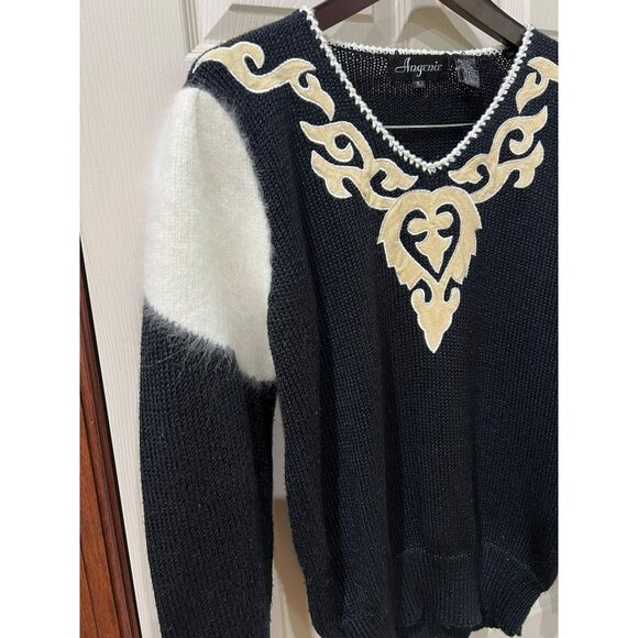 Vintage Angenie Black V-Neck Sweater Gold Embroidered Design & White Fuzzy - Picture 5 of 6